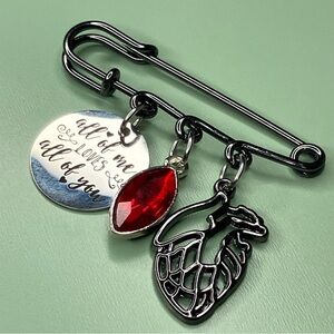 Anatomical Heart Red Rhinestone & Love Quote Charmed Safety Pin Brooch Handmade